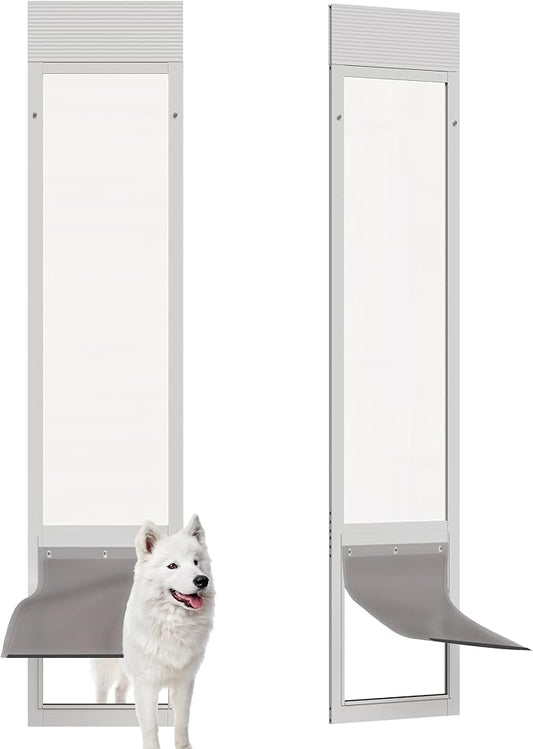 Dog Door for Sliding Glass Doors, Adjustable Height 76 1/8"-80 7/8" Aluminum Frame Tempered Sliding Door Dog Doors Insert with Lock, 10" x 15" Flap Size for Large Dogs