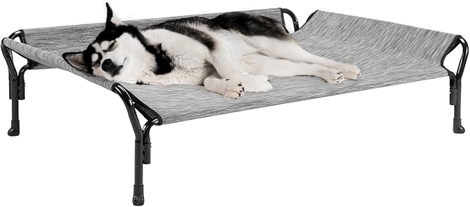 Veehoo Cooling Elevated Dog Bed, Dog Cots for Large Dogs, Raised Dog Bed with Guardrail & Slope Headrest, Durable & Breathable Teslin Mesh, Dog Sofa Bed for Indoor & Outdoor, Large, Black Silver