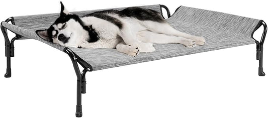 Veehoo Cooling Elevated Dog Bed, Dog Cots for Large Dogs, Raised Dog Bed with Guardrail & Slope Headrest, Durable & Breathable Teslin Mesh, Dog Sofa Bed for Indoor & Outdoor, Large, Black Silver