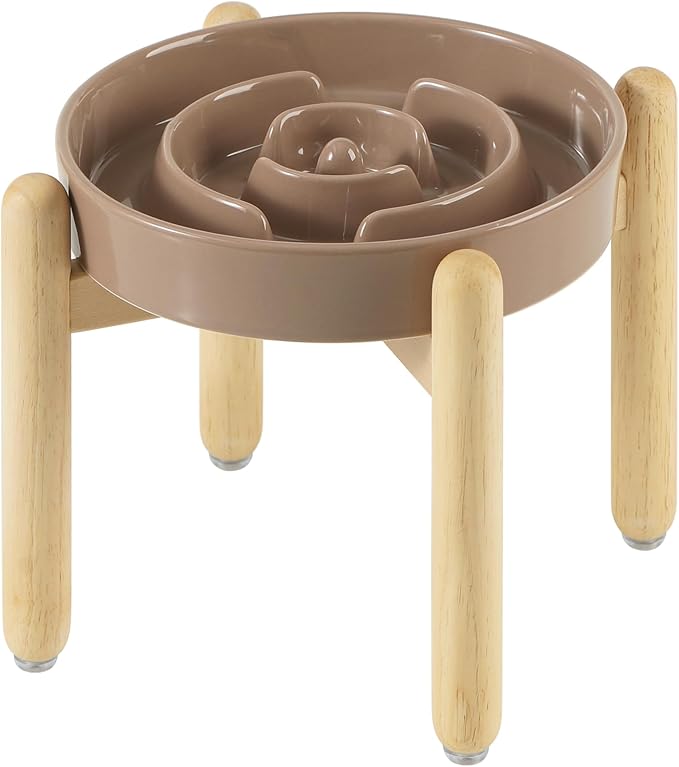 Ceramic 1.6 Cup Raised Slow Feeder Dog Bowl Set, Elevated Wooden Stand for Medium and Large Dog, 8.2inch Puzzle Slow Dish, Anti-Gulping(Brown Coffee, Single Bowl+ Stand)