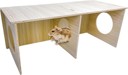 Hamiledyi Wooden Hamsters 2-Chamber Hideout-Tunnel Multi Chamber Exploring Toy Hamster Exploring Tunnel Toy for Hamsters Mice (L)