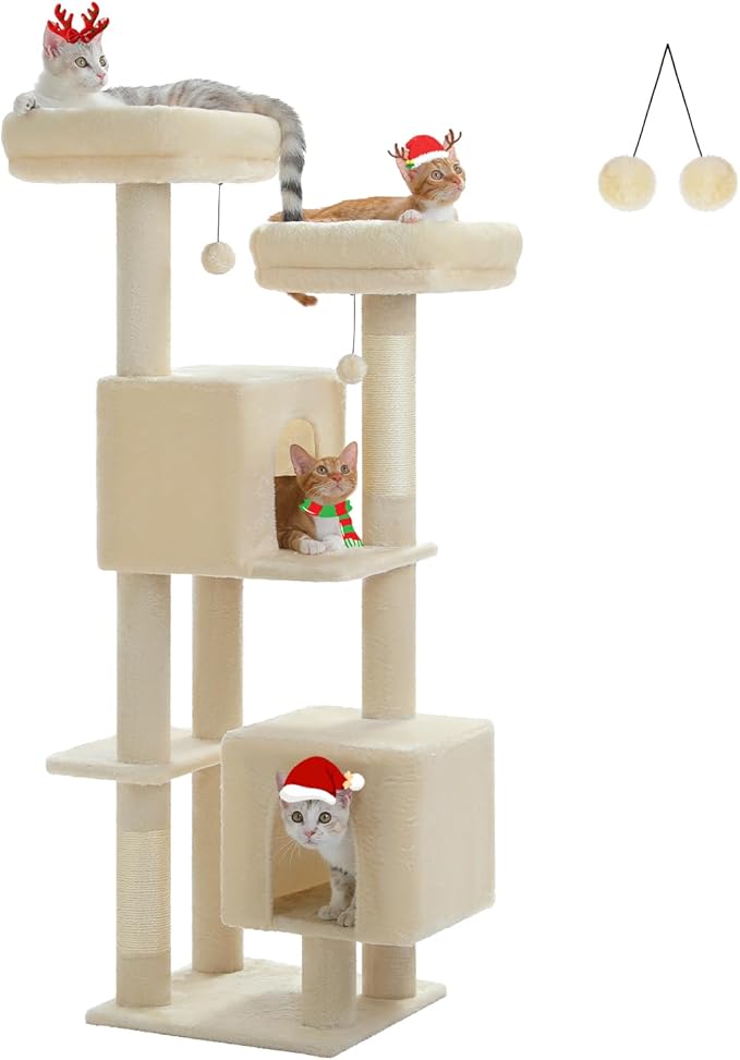 Cat Tree, 52.4 Inch Multi-Level Cat Tower for Indoor Cats with Dual Padded Top Perches, 2 Condos & Scratching Posts, Plush Cat Furniture for Kittens and Medium Cats, Beige