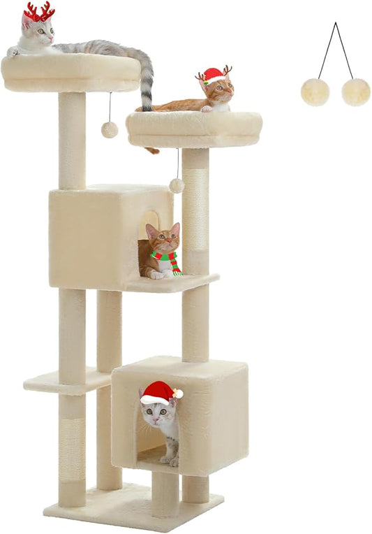 Cat Tree, 52.4 Inch Multi-Level Cat Tower for Indoor Cats with Dual Padded Top Perches, 2 Condos & Scratching Posts, Plush Cat Furniture for Kittens and Medium Cats, Beige