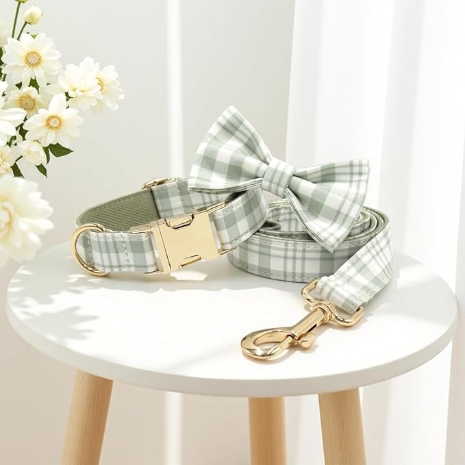 PETDURO Personalized Dog Collar Olive Green Plaid for Large Medium Dogs | Engraved Name and Phone Number on Gold Metal Buckle for Boys & Girls | Add Leash & Bow Tie via Customize Now