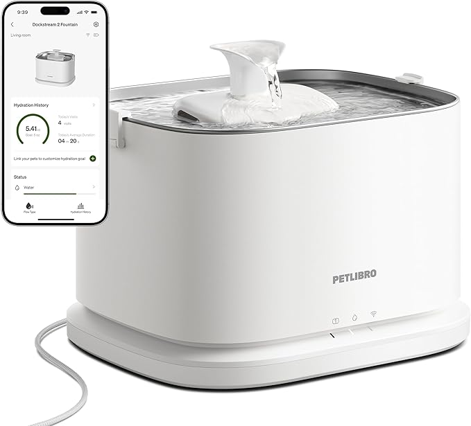 PETLIBRO Upgrade Cat Water Fountain Stainless Steel Tray, Dockstream 2 Cat Fountain Indoor, 3L/101oz Auto Cat Fountains for Drinking, App Monitoring Pet Water Fountain Dog, 5G WiFi Cat Water Dispenser