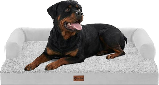 Orthopedic Dog Beds for Extra Large Dogs, Waterproof Egg Crate Foam XL Dog Bed with Sides 48x30Inch, Big Dogs Couch Beds with Removable Washable Cover and Nonskid Bottom, Grey White