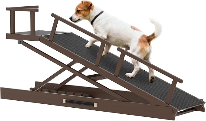 65" Foldable Dog Ramp for Bed, 6 Level（13"-32"） Heavy Duty Adjustable Dog Ramp for Car Pet Ramp with EVA Non-Slip Surface, Rest Platform & Glow Strips for Large Dogs up to 200Lbs (Brown)