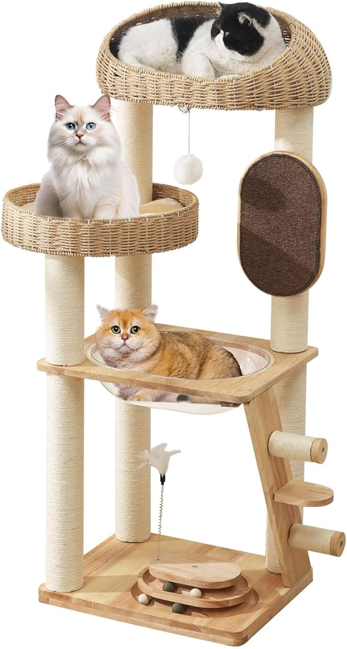 Modern Cat Tree, Cat TreeTower with Space Capsule, Hand-Woven Basket Nest, Sisal Posts & Scratching Board, 50 Inch Heavy-Duty Multi-Level Indoor Wood Tower