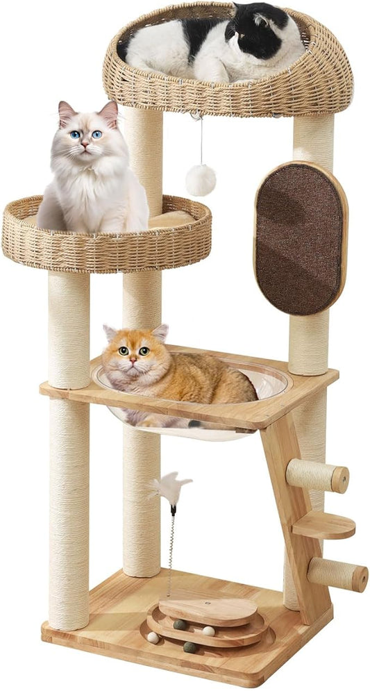 Modern Cat Tree, Cat TreeTower with Space Capsule, Hand-Woven Basket Nest, Sisal Posts & Scratching Board, 50 Inch Heavy-Duty Multi-Level Indoor Wood Tower