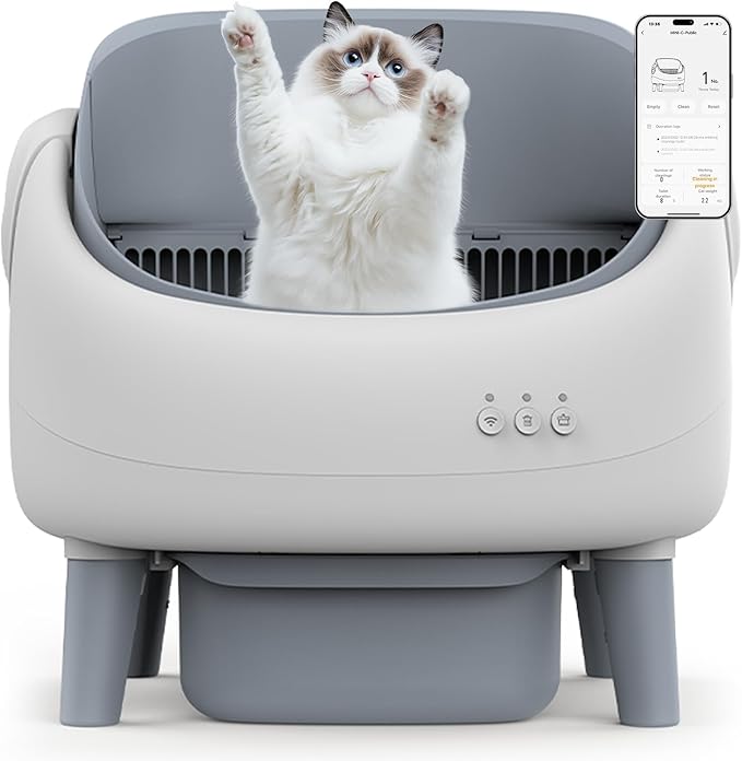 Open-Top Self Cleaning Litter Box, Automatic Cat Litter Box for Multiple Cats, APP Control, Safety Protection, Includes Trash Bags, White/Grey
