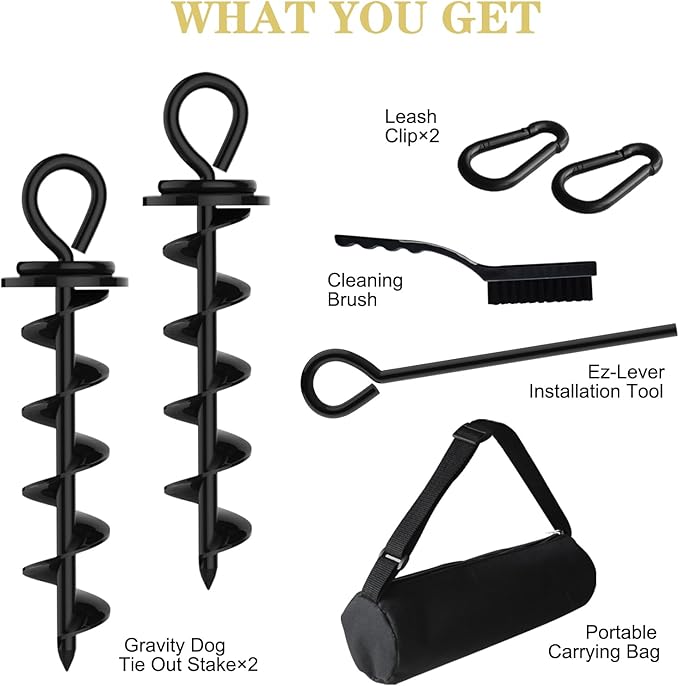 Eurmax USA Heavy Duty Dog Tie Out Stake for Large Dogs up to 210 lbs Dog Stakes for Outside,Dog Anchor, Gadgets, Accessories for Dogs,Dog Runner Leash Stake Trampoline Stakes(2,Medium,Black)