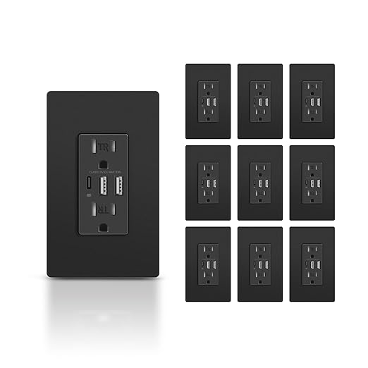 TOPELER 10 Pack USB Wall Outlet, Receptacle with USB C & USB A Ports, 15 Amp Duplex Tamper Resistant Receptacle Plug, Screwless Wall Plate Included, UL & FCC Listed, Black