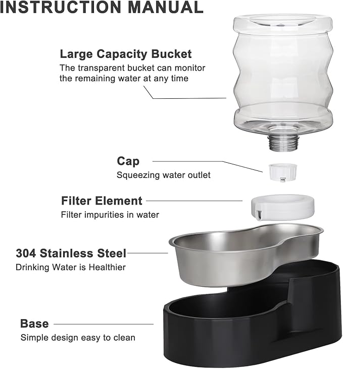 Sfozstra Automatic Gravity Dispenser for Cats: 4L Black Stainless Steel Water Bowl Feeder - Great for Family Homes and Outdoor Activities