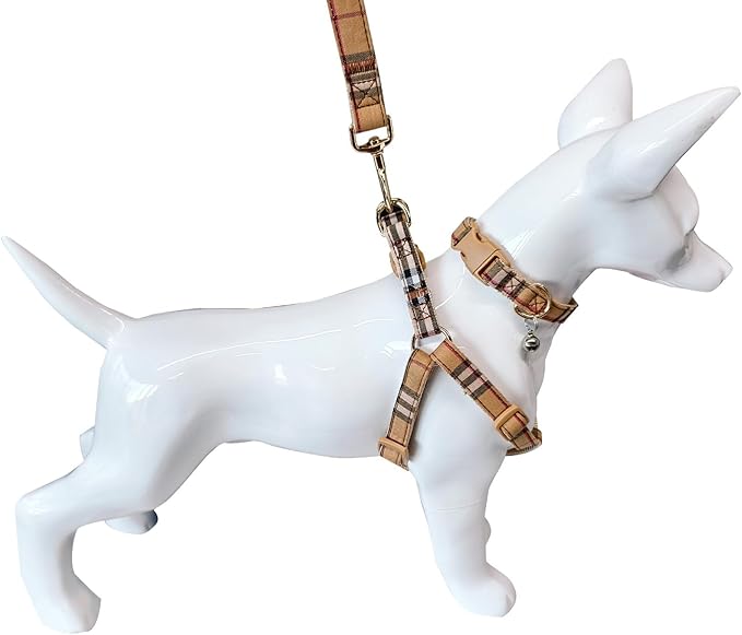 Cute Plaid Dog Collar Harness and Leash with Safety Buckle - Adjustable and No Pull Comfortable Dog Collars for Small Puppy, Stylish Durable Gift for Boy Girl Pets