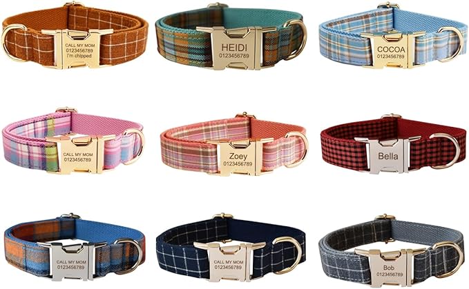 Custom Dog Collar with Metal Buckle - Pet Collars Personalized with Name and Phone Number (Plaid)