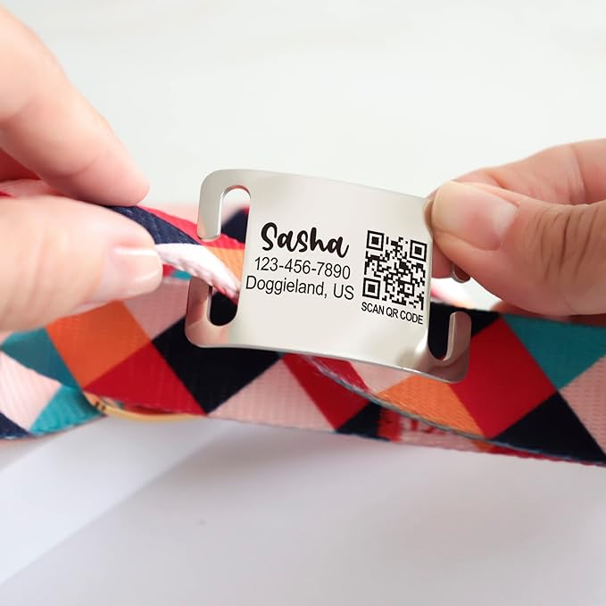 Scannable QR Code Pet ID – Silent Slide-On Custom Name Plate for Collars and Harnesses, Personalized Lost & Found Info