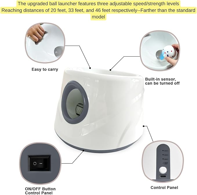 Automatic Ball Launcher for Dogs ，The Upgraded Ball Thrower Adjustable Distance 20-45ft Including 6 PCS 2.3-inch Sized Balls, Interactive Dog Toys Suitable for Small to Medium Sized Dogs