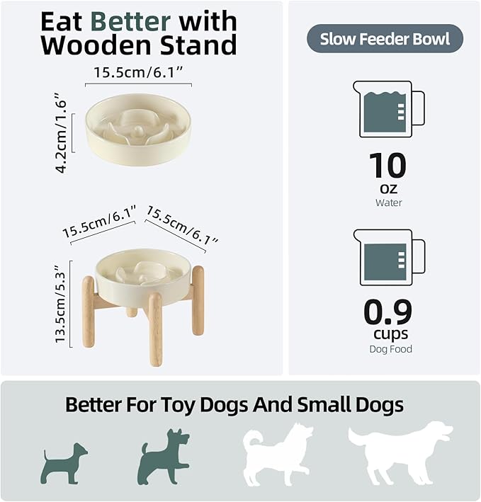 Ceramic 0.9 Cup Raised Dog Slow Feeder Set, Elevated Bowl with Wooden Stand for Small Dog and Cat, 6.1inch Puzzle Slow Dog Food Dish, Anti-Gulping(Beige, Single Bowl+ Stand)