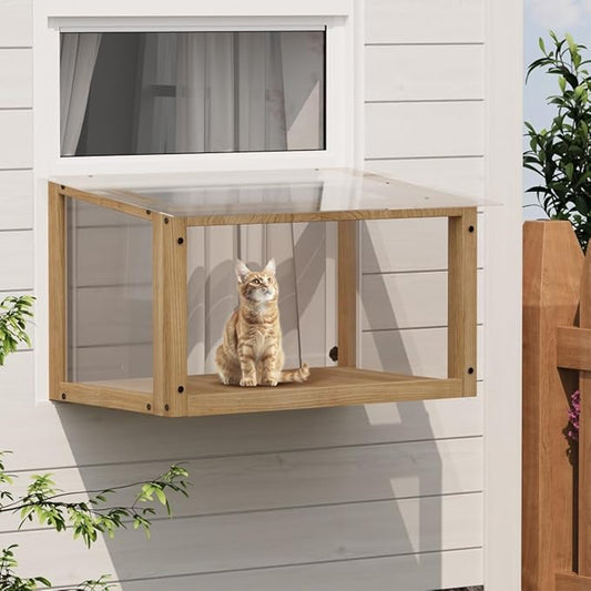 Cat Window Box, Cat cage, Wooden Window Perch House, Outdoor Hanging Enclosure with Solid Wood and Acrylic Panels, for Single-Hung Windows Measuring 24-35 Inch