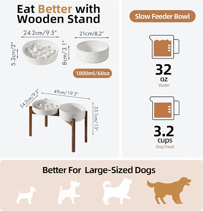 Ceramic 3.2 Cup Raised Slow Feeder Dog Bowl Set, Elevated 8.2inch Bowl and 9.5inch Slow Feeder Dish with Acacia Wood Stand for Large Dog (2 x Reactived Glaze -White+ Stand)
