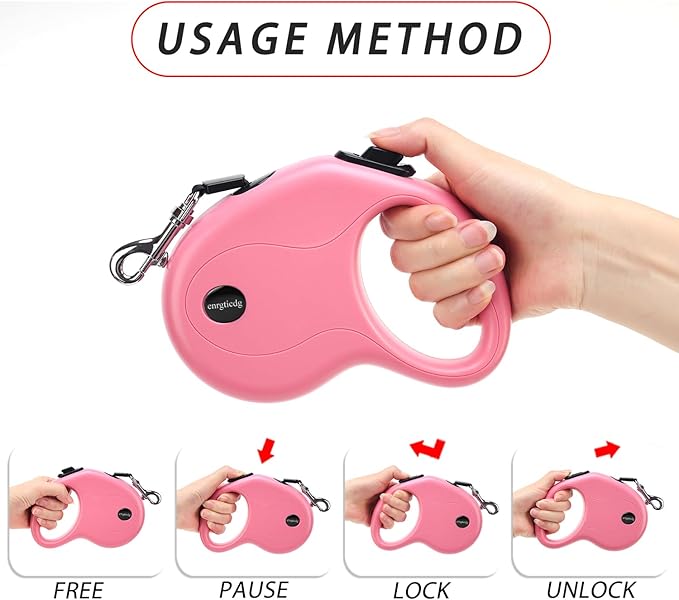 16Ft Retractable Dog Leash,Light Weight Leash for Small to Medium Dogs/Cats Up to 50lbs,Stainless Steel Spring Strong Nylon Tape, Tangle Free, One-Handed Brake.(Pink)