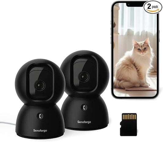 Sensforge 2.5K Black Indoor Pan-Tilt Dome Security Camera (2-Pack), AI Human & Pet Detection, 360° Coverage, Two-Way Audio, Dual-Band Wi-Fi (2.4G/5G), 64GB SD Card Included, No Monthly Fees