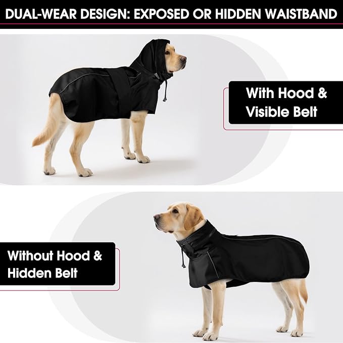 Dog Raincoat XL, Waterproof Rain Jacket for Dogs with Hood and Leash Hole, Reflect Strips, Ideal for Rain, Snow, Windy Weather & Outdoor Walks, Camping, Hiking - Black