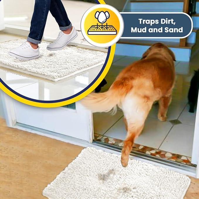 Muddy Mat® | Super Absorbent Door Mat Indoor, Microfiber Quick Dry Chenille Entryway Rug, Non-Slip Front Door Mat, Indoor Mats for Entryway, Machine Washable Pet Rug, White 36" x 120"
