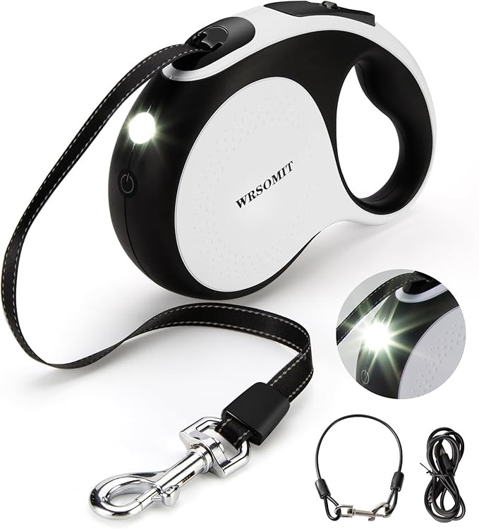 Retractable Dog Leash with Chew Proof Cable and LED Flashlight, 16Ft Heavy Duty Dog Leash for Medium Large Dogs up to 110lbs, 360° No Tangle (White+16ft+LED)