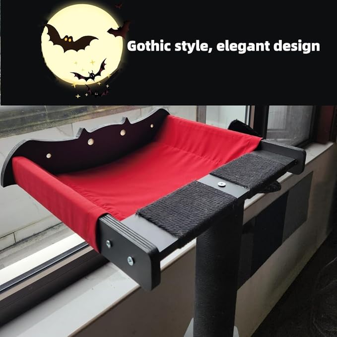 Cat Window Perch with Scratching Post Strong Supported - Large Hammock Bed for Cats Inside - Solid Wood Seat, Soft Cushion - Rustic Indoor Cat Tree Shelf for Sunbathing (Black, Large 2)
