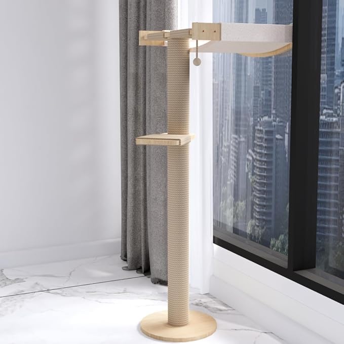 Cat Window Perch with Scratching Post Strong Supported - Large Hammock Bed for Cats Inside - Solid Wood Seat, Soft Cushion - Rustic Indoor Cat Tree Shelf for Sunbathing (Natural, Large 2)