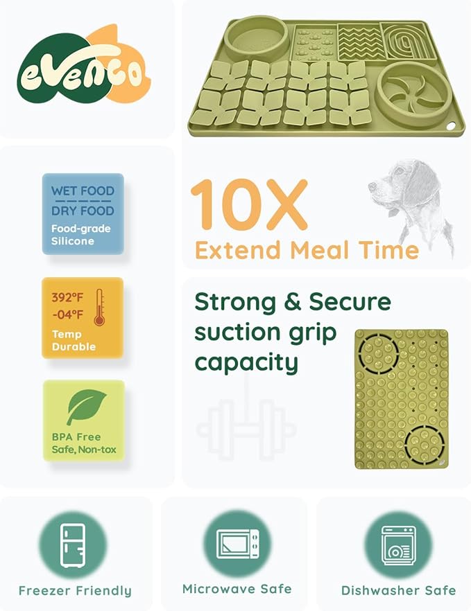 Slow Feeder Bowl for Dogs and Cats, Silicone Lick Mat & Snuffle Mat with Suction Cups - Interactive Puzzle Feeder, Slow Eating, Keep Busy and Reduce Vomiting (15.75" x 10.5" Green)