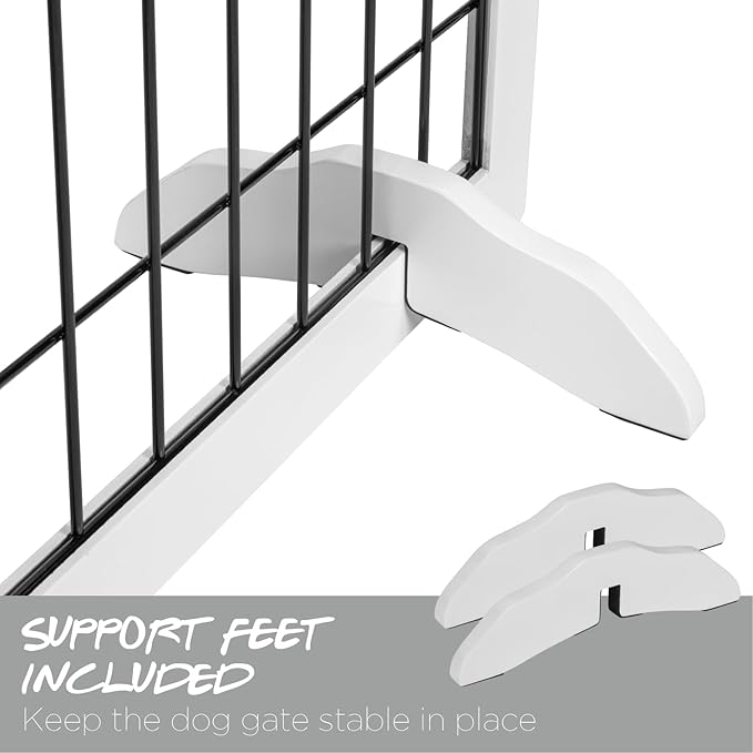 PAWLAND Extra Wide Dog gate for The House, Doorway, Stairs, Dog Fences Indoor, Freestanding Foldable Wooden Pet Gates for Dogs, Set of Support Feet Included, 96 in Wide 30 in Tall, 4 Panels White