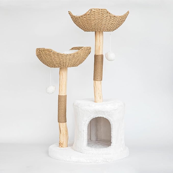 Modern Cat Tree for Indoor Cats Large Adult, 46.5" Tall Wooden Cat Tower for Large Cats with Scratching Post, Luxury Cat Condo, White