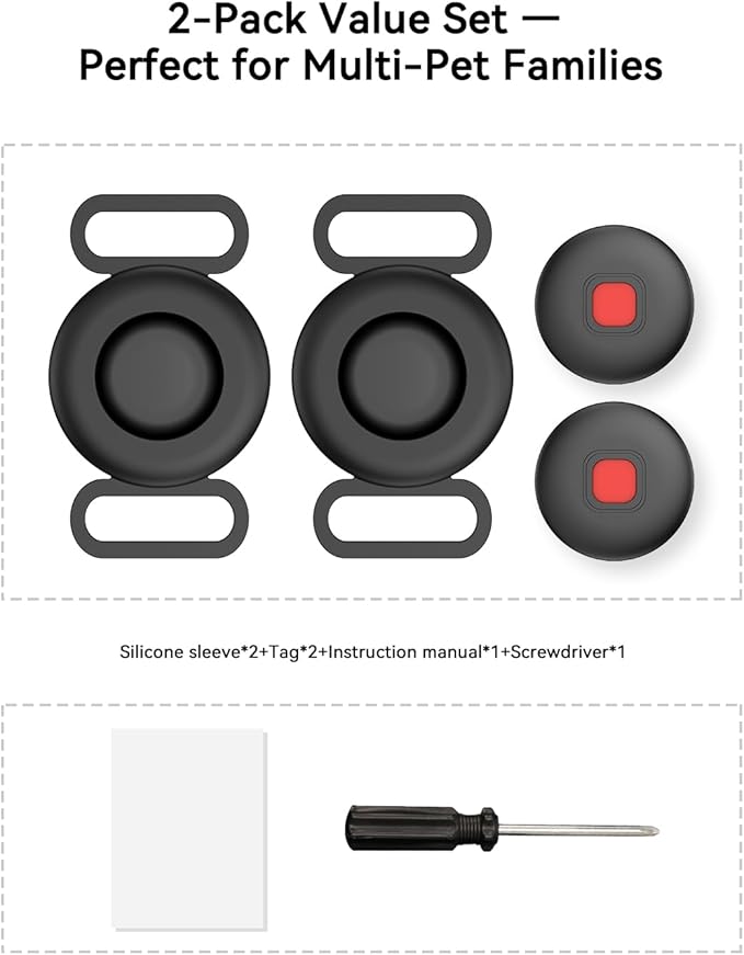 Bluetooth Dog Tracker Tag, Pet Tracker for Dogs with Silicone Collar Holder, Works with Apple Find My & Android Find Hub, IP67 Waterproof Anti-Lost Locator, Black 2 Pack