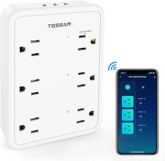 TESSAN Smart Power Strip with 6 Outlet 3 USB, WiFi Wall Smart Outlet Plug with 3 Remote Controll Outlets, Compatible with Alexa Google Assistant for Home Office, Only 2.4 GHz Wi-Fi