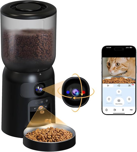 Automatic Cat Feeder with 2K HD Dual Cameras, 2.4/5G WiFi 6L Feeder, Pet Feeder Automatic for Cats & Dogs, Cat Food Dispenser with Cameras, Laser Interactive Toy & Night Vision(Black-Dual Cameras)
