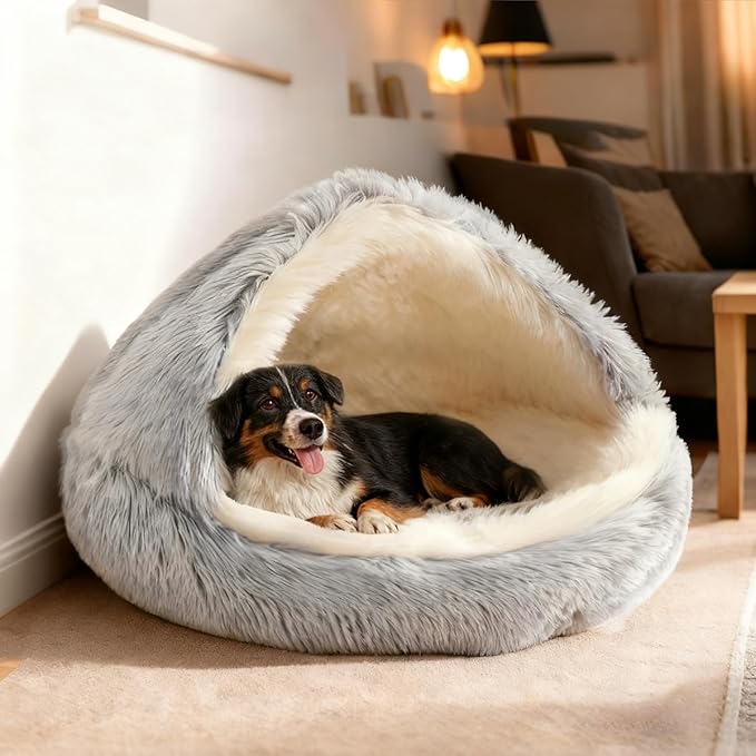 ShinHye Round Plush Fluffy Hooded Cat Bed Cave, Cozy for Indoor Cats or Small Dogs, Waterproof Bottom, Washable（35 in）