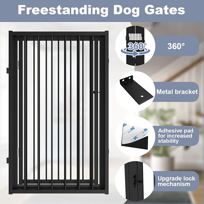 Free Standing Dog Gate with Door,80'' Extra Wide 32'' Tall Metal Dog Gates for Doorways, Foldable Pet Gate Fence Indoor & Outdoor for Stairs,Hallways,Decks,Porch,Yard (4 Panels,Black)