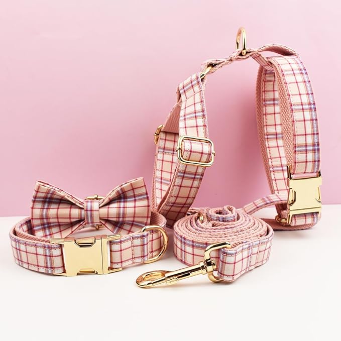 Custom Dog Collar with Metal Buckle - Pet Collars Personalized with Name and Phone Number (New Plaid Style)