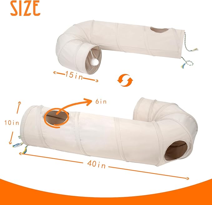 Cat Tunnel, 2-Way Collapsible Cat Tube with Interactive Peek-A-Boo Hole, Toy Ball, and Rope – Ideal for Indoor Cats, Kittens, and Rabbits, Beige