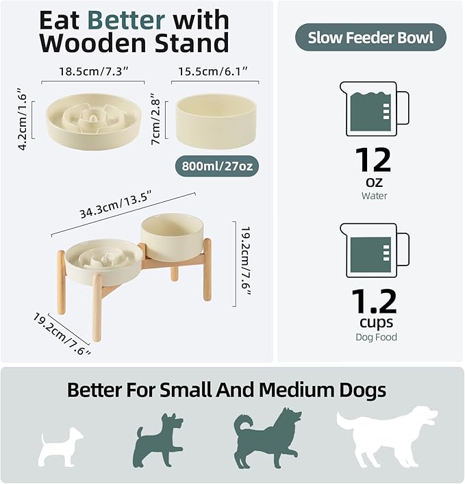 Ceramic 1.2 Cup Raised Slow Feeder Dog Bowl Set, Elevated 6.1inch Bowl and 7.3inch Puzzle Slow Food Dish with Wooden Stand for Medium and Small Dog, Anti-Gulping (2 x Beige+ Stand)