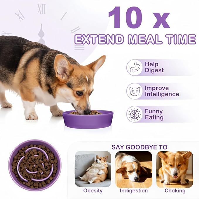 TRUVIC Ceramic Slow Feeder Dog Bowls, 1.5 Cup Puzzle Slow Feeder Bowls for Fast Eaters, Ceramic Dog Food Dish no Black Chin, Puzzle Bowl for Medium Dogs, Purple