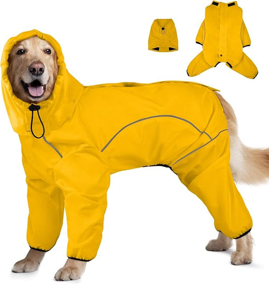 Dog Raincoat, Waterproof Dog Rain Jacket with Removable Hood，Adjustable 4 Legs Pet Poncho with Leash Hole，Reflective Stripe Hooded Snowproof Windproof Clothes for Small to 3X-Large Dogs, S
