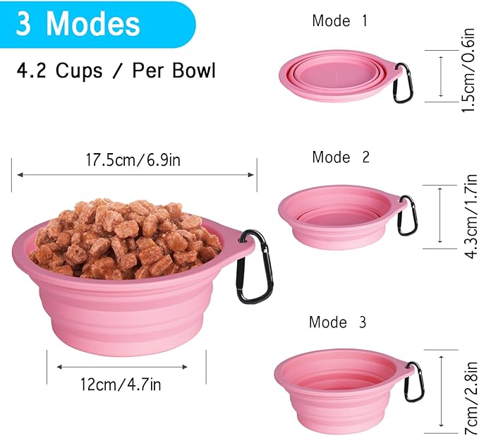 PetBonus 2-Pack Large Silicone Collapsible Dog Bowls, 34oz/1000ml BPA Free Portable Foldable Travel Bowl for Pet Cat, Food Water Feeding Dish for Camping with 2 Carabiners (Purple, Pink)