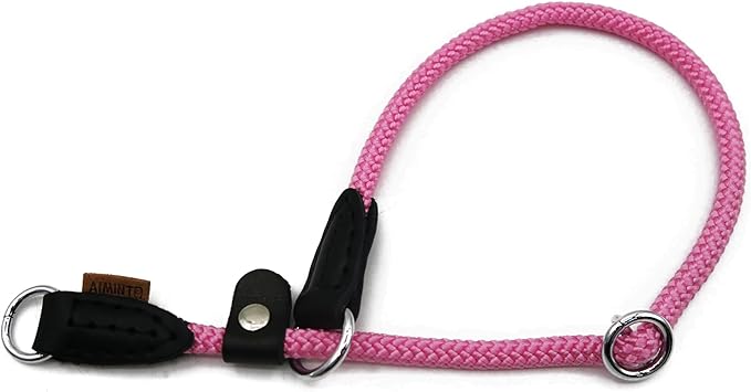Braided Round Martingale Dog Collar, Training Collar with Slidable Stop Ring and Adjustable Stopper - Ideal for Small Dogs (S(1/4") - 14" Long, Pink)