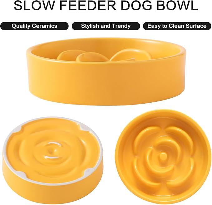 6'' Ceramic Slow Feeder Dog Bowls - Petal Shape Modern Dog Food Dish for Cats and Small Breed Dogs, Puzzle Maze Bowl to Slow Down Eating, Anti-Gulping, Dishwasher & Microwave Safe, Yellow