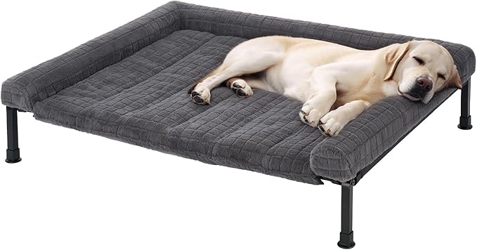 Veehoo Elevated Dog Bed Large Sized with Fluffy Plush Bolster Cushion, Washable Orthopedic Dog Couch Bed, Cooling Raised Pet Cot with Removable Mat, Breathable Mesh, No-Slip Feet, 42 x 30 inches, Grey