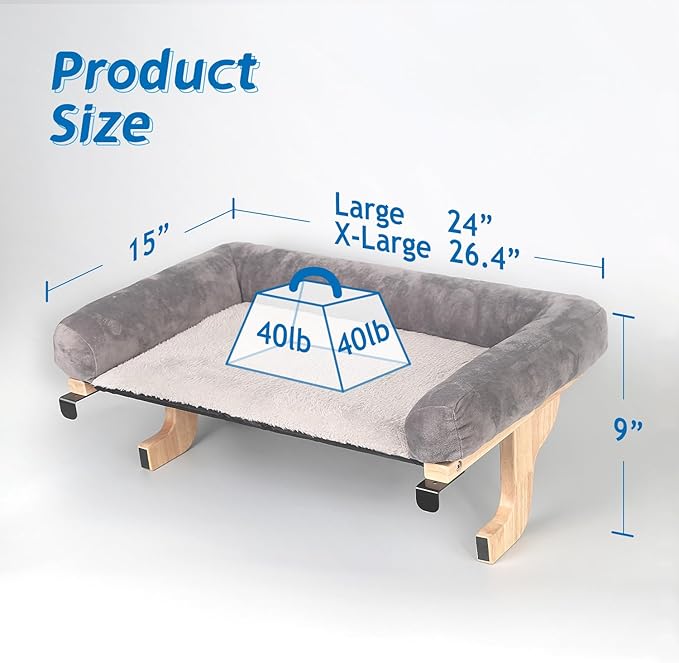 Zakkart Cat Perch for Window Sill with Bolster - Orthopedic Hammock Design with Premium Hardwood & Robust Metal Frame - Cat Window Seat for Large Cats - Natural Color Wood Gray Bed, XLarge 26.4''W