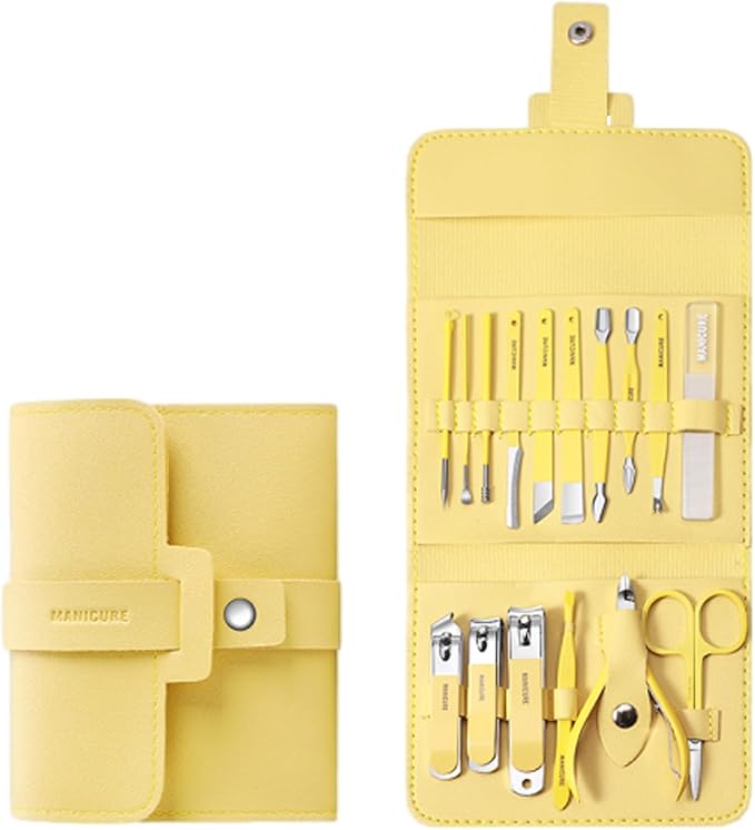 Portable Nail Clipper Set (12/16pcs), Folding Leather Nail Clipper Set, Easy Storage Manicure Kit with Clippers, Cuticle Trimmer & Care Tools, Compact Manicure Kit (Yellow 16PCS)